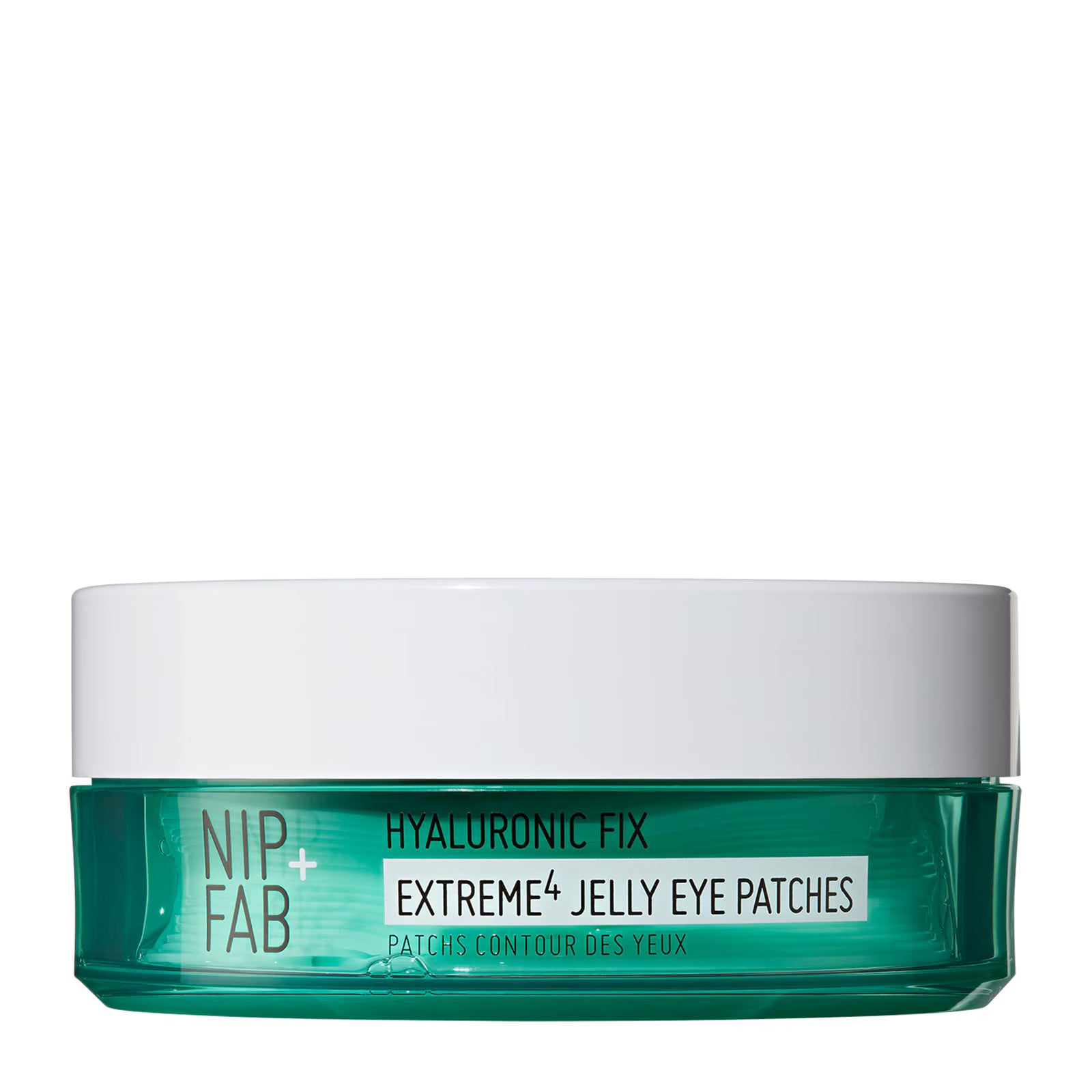 Nip+Fab Extreme4 Jelly Eye Patches in a translucent teal green jar with a white lid, on a solid white background.
