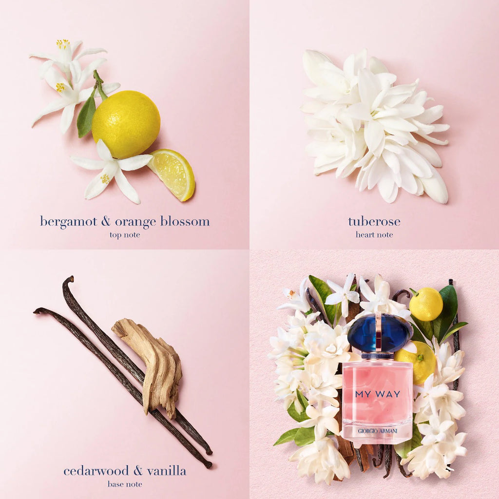 Perfume bottle with floral and fruit elements on a pink background