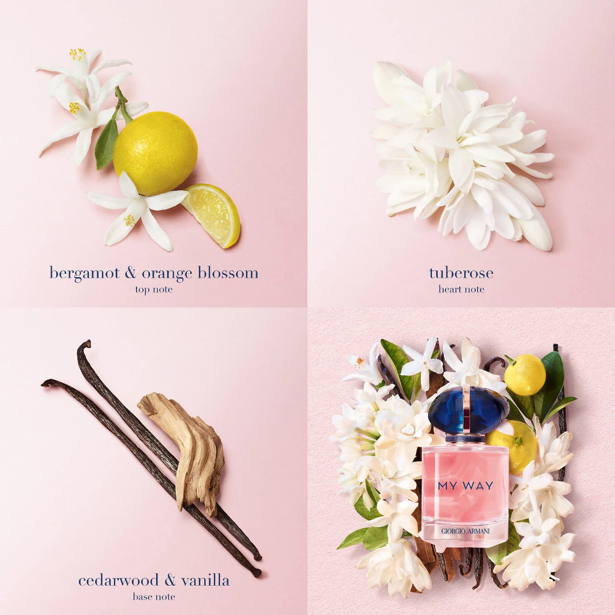 Perfume bottle with floral and fruit elements on a pink background