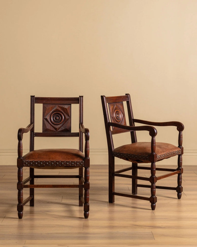 <h6><strong>French Oak Open Arm Chairs in the Manner of Charles Dudouyt, 1940s, Pair</strong></h6>