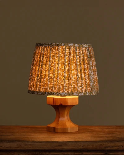 <p><strong>Pine Pedestal Table Lamp w/ Floral Pleated Shade, Denmark, 1960's</strong></p>