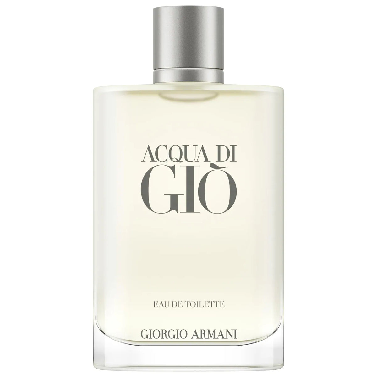 Giorgio Armani Acqua di Gio Eau de Toilette perfume bottle, featuring a clear glass rectangular bottle with a silver metallic cap and dark gray lettering on a white background.
