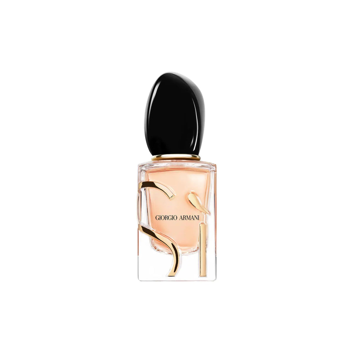 Giorgio Armani Libre Eau de Parfum bottle with a black cap and gold accents, containing a peach-colored liquid, set against a plain white background.