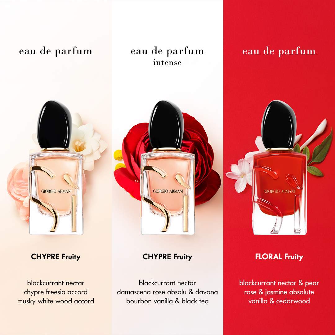 Three bottles of Giorgio Armani perfume with floral and red accents on a white and red background.