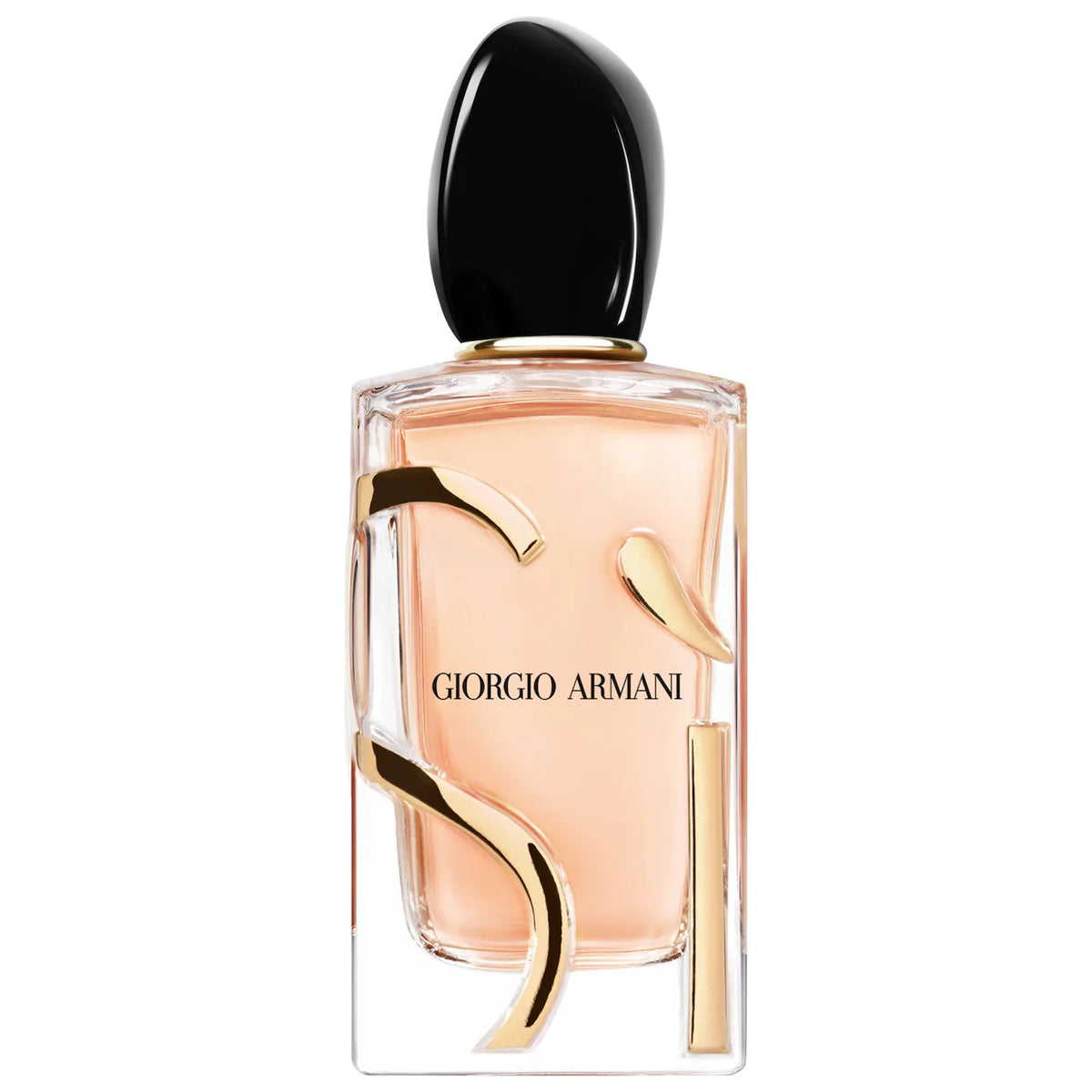 Giorgio Armani 5 for Her Eau de Toilette perfume bottle, featuring a clear glass body with peach-colored liquid, gold abstract lettering, and a glossy black cap, set against a plain white background.