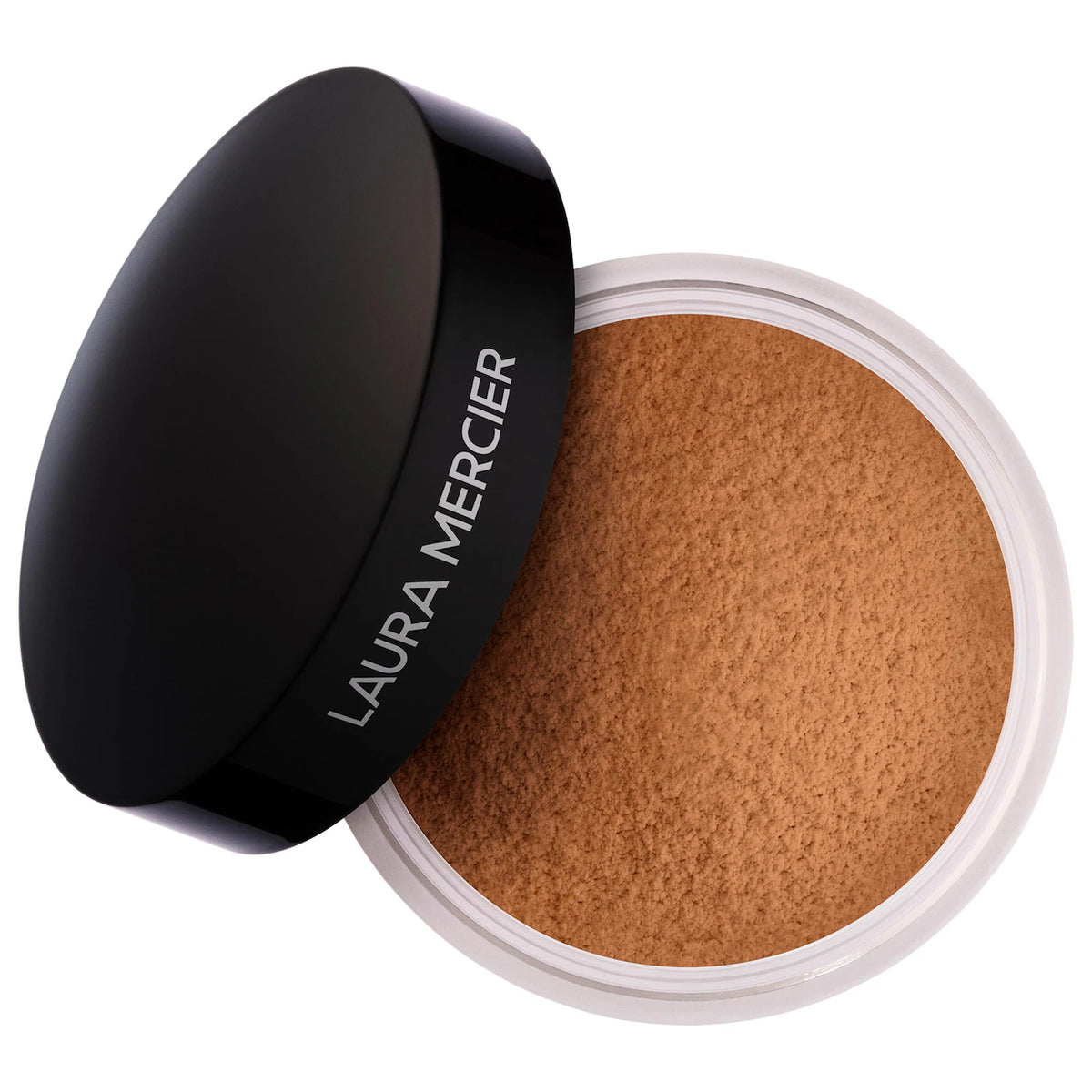Laura Mercier powder compact with brown powder on a white background