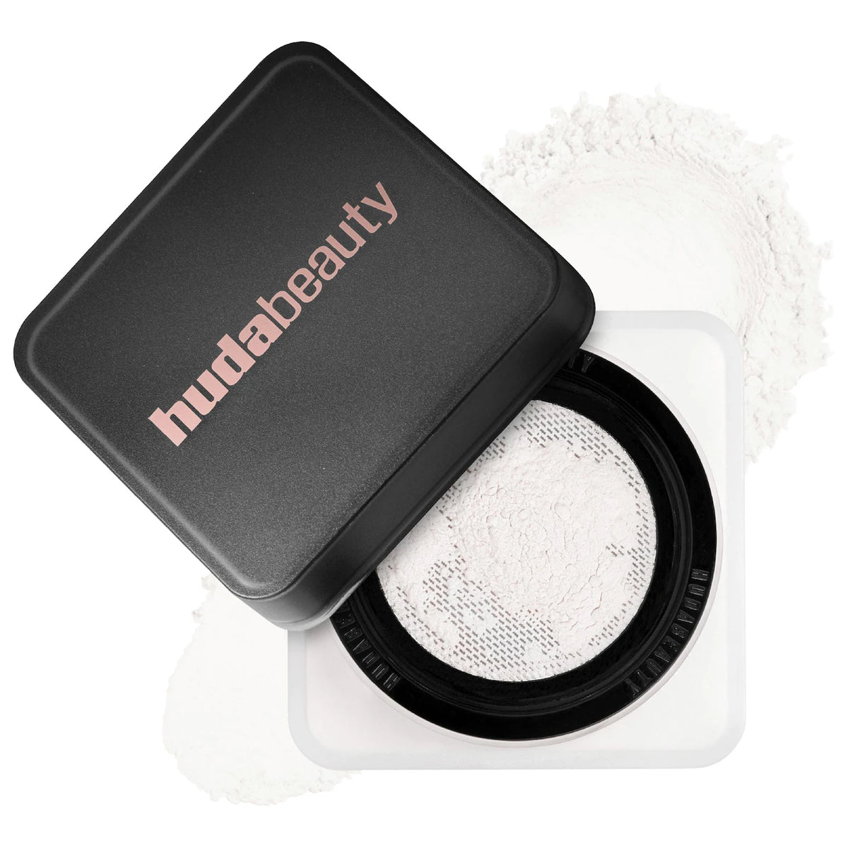 Huda Beauty powder compact with open lid on a white background