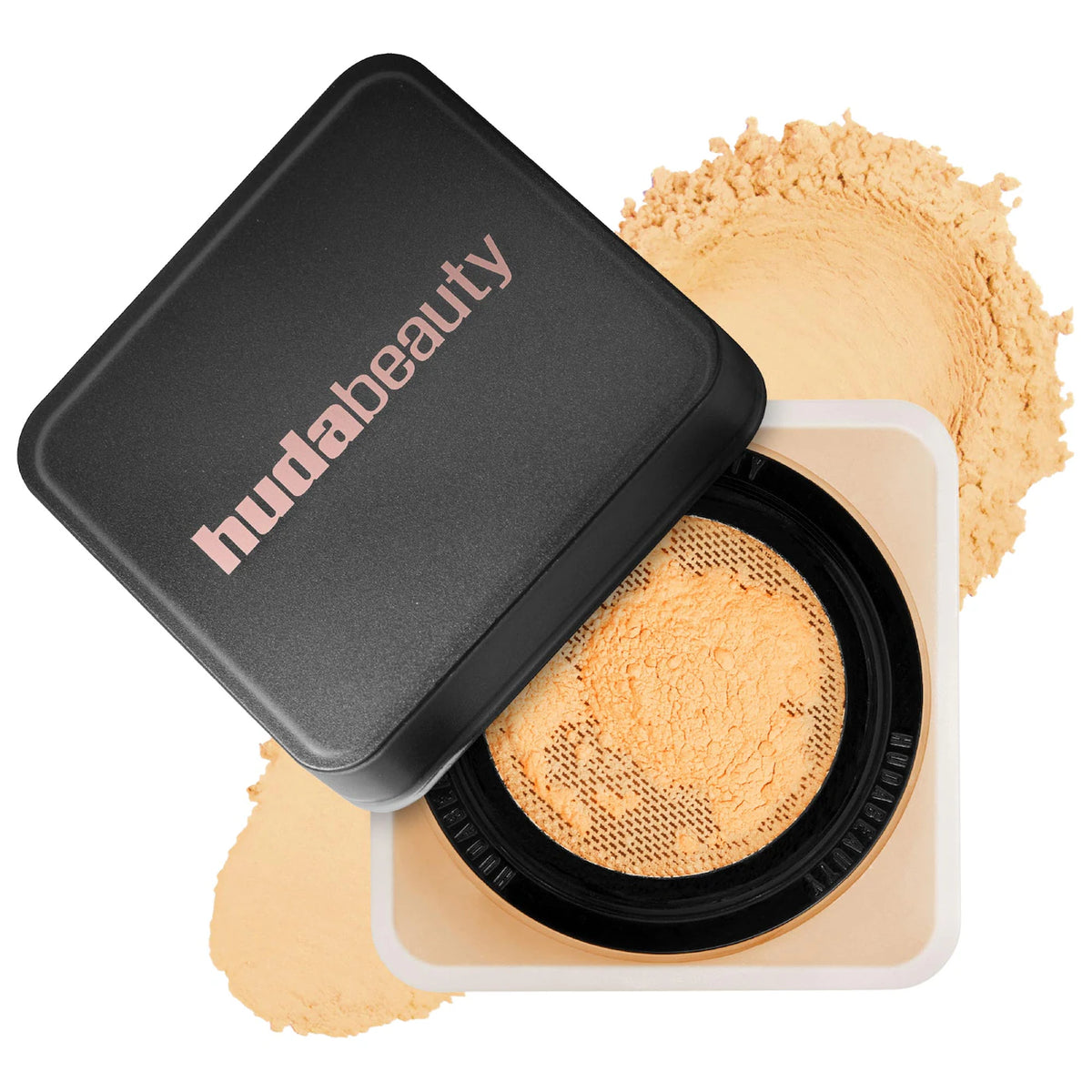 Huda Beauty compact powder with open lid showing powder inside on a white background