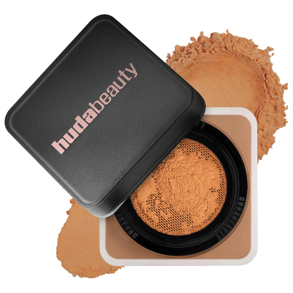 Huda Beauty compact powder with open lid showing product on a white background