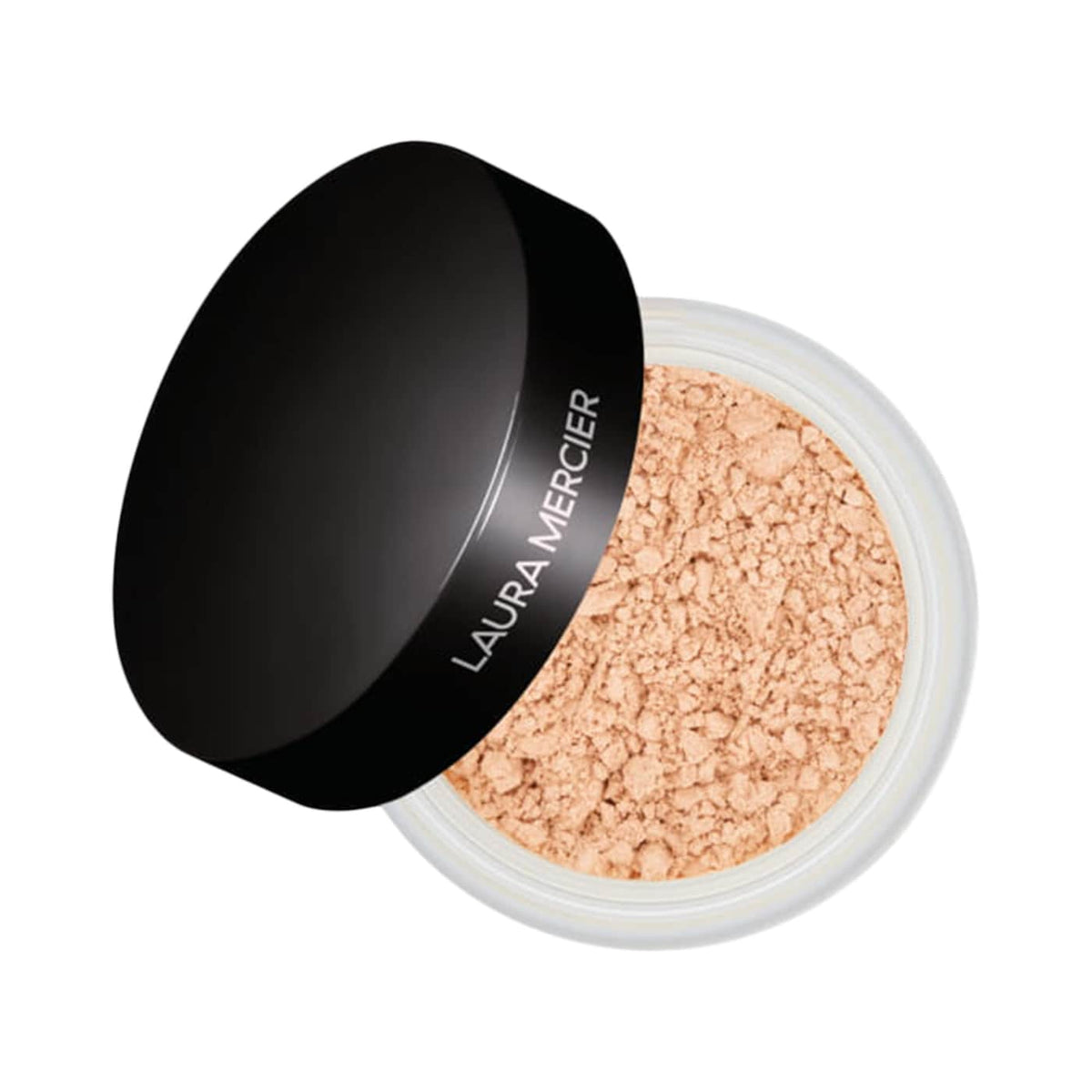 Laura Mercier loose powder with black lid on a white background