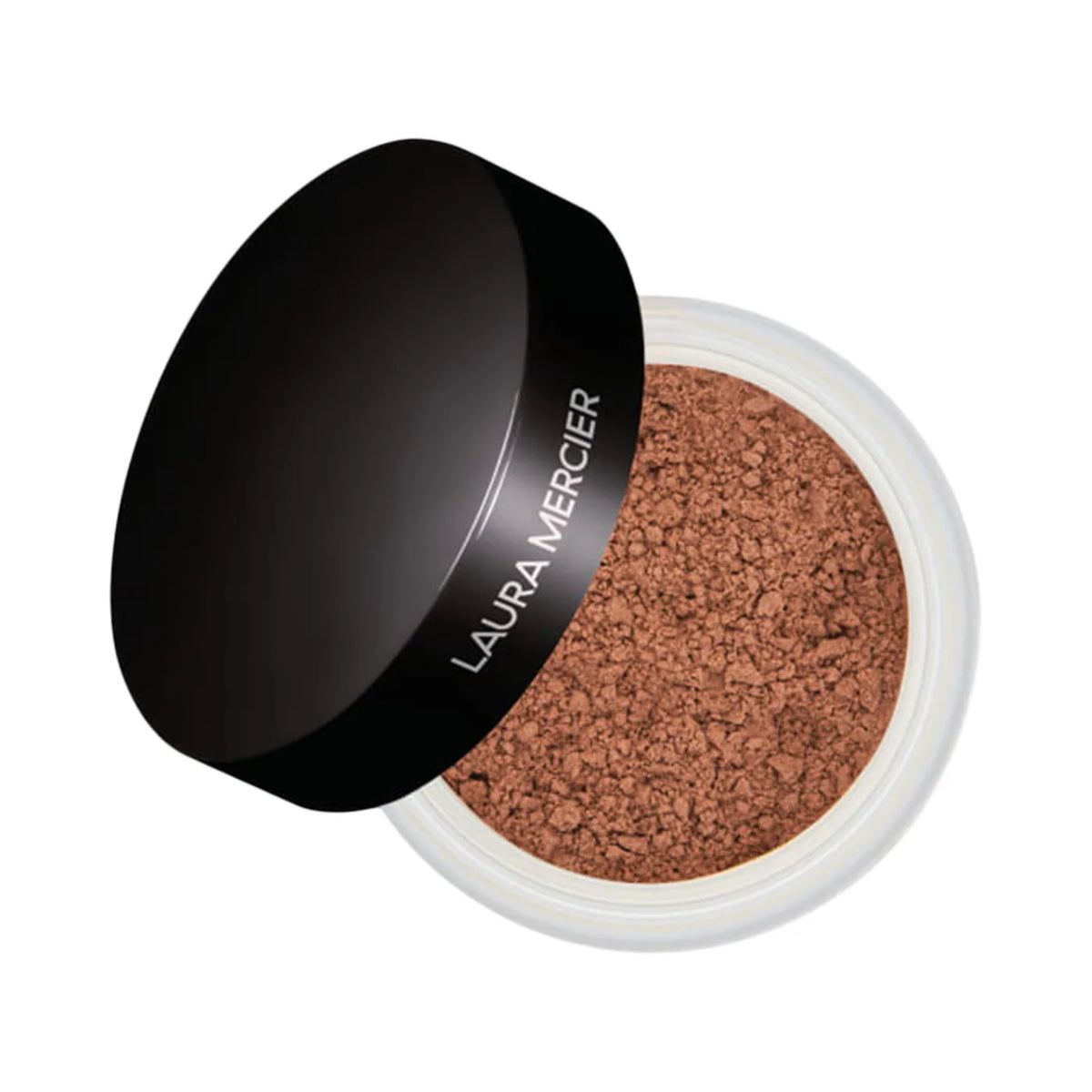 Laura Mercier powder compact with brown powder on a white background