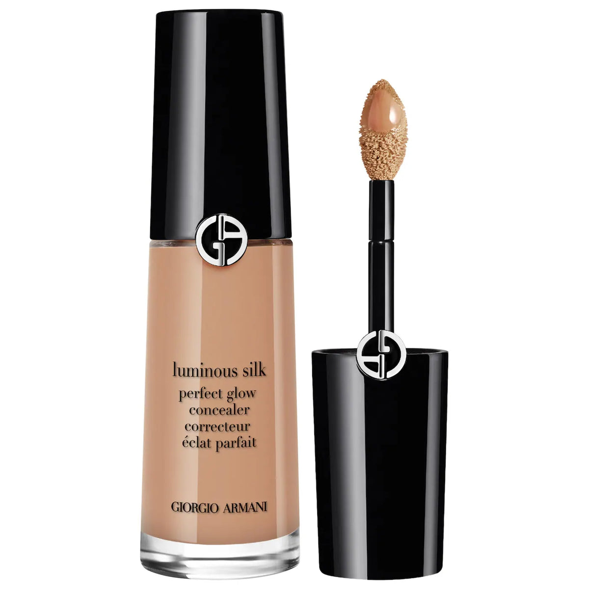 Giorgio Armani luminous silk perfect glow concealer with applicator on a white background