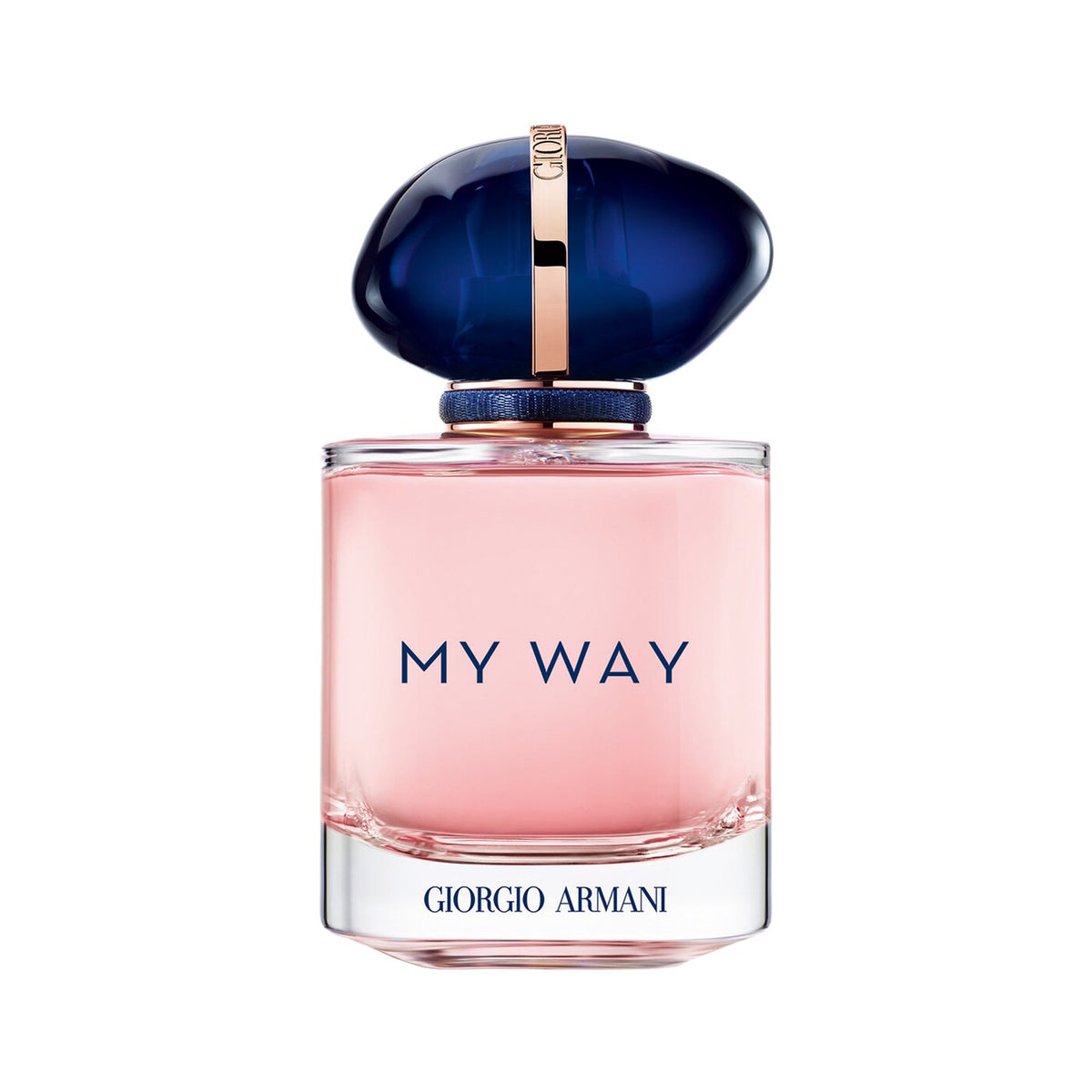 Giorgio Armani My Way Eau de Toilette perfume bottle with pink liquid, a dark blue cap, and a gold accent ring, shown on a white background.