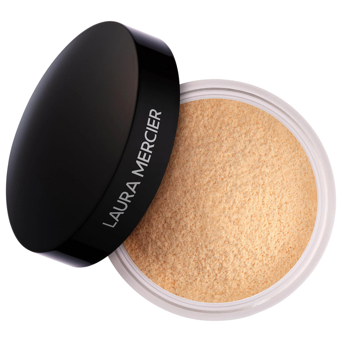 Laura Mercier powder compact with black lid on a white background