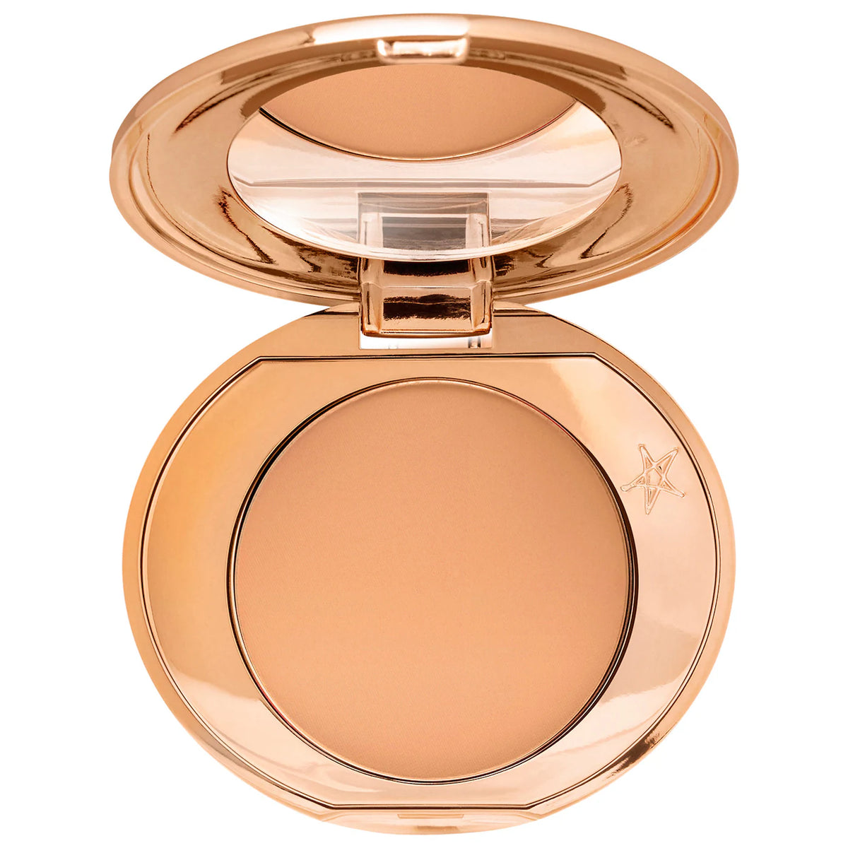 Compact powder in a rose gold case on a white background