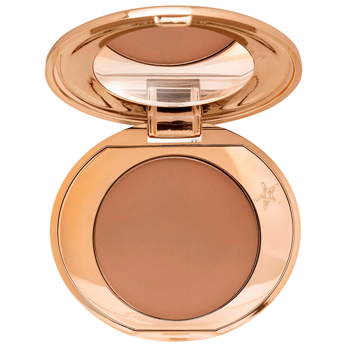 Compact powder in a rose gold case on a white background