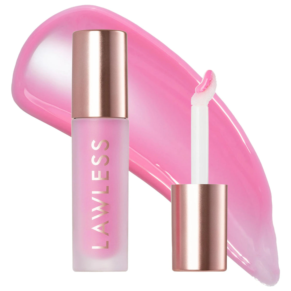 Pink lip gloss with applicator and 'Lawless' branding on a white background