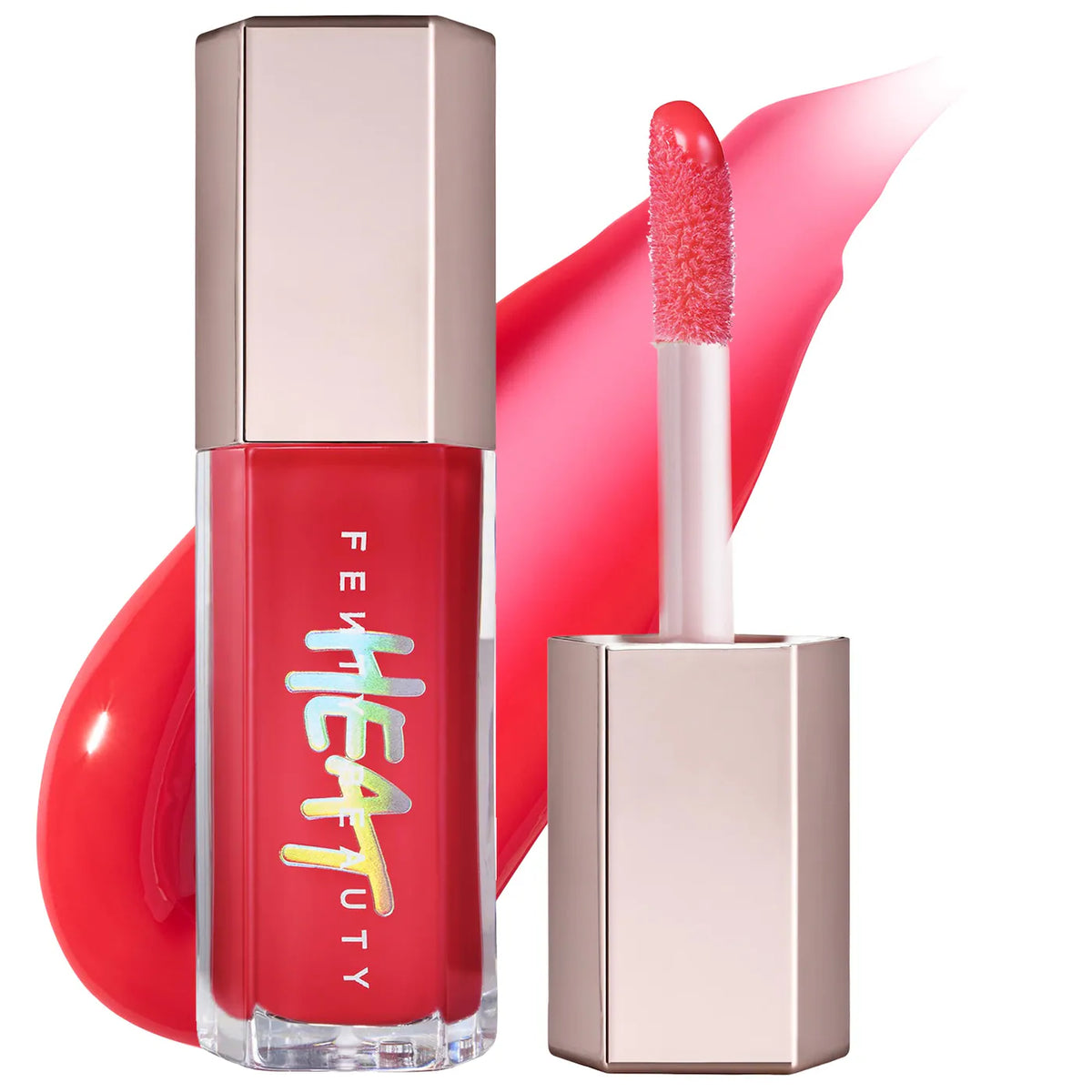 Red lipstick with a metallic cap and applicator on a white background