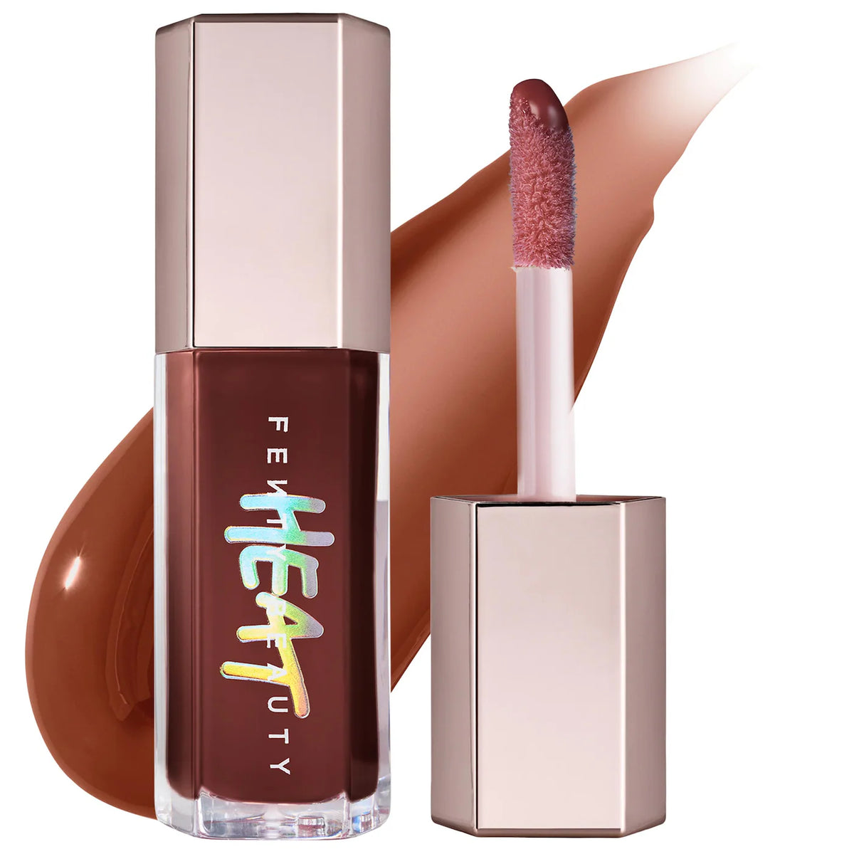 Lip gloss with applicator and visible brand name on a white background