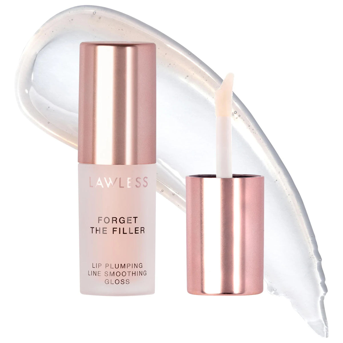 Lawless lip gloss with rose gold cap and clear background