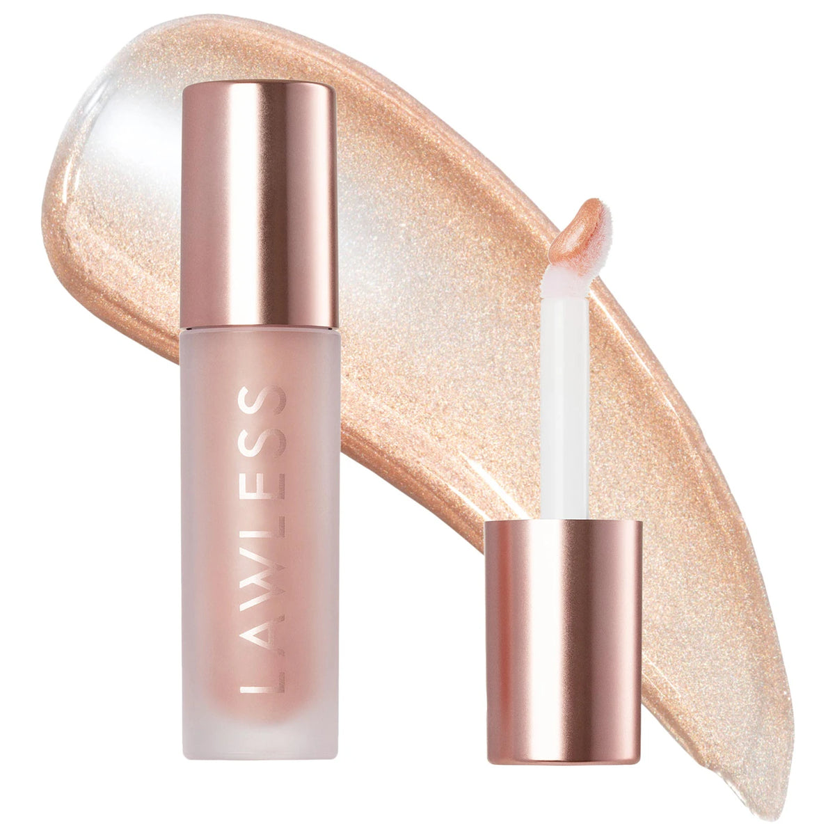 Lip gloss with rose gold cap and container on a white background