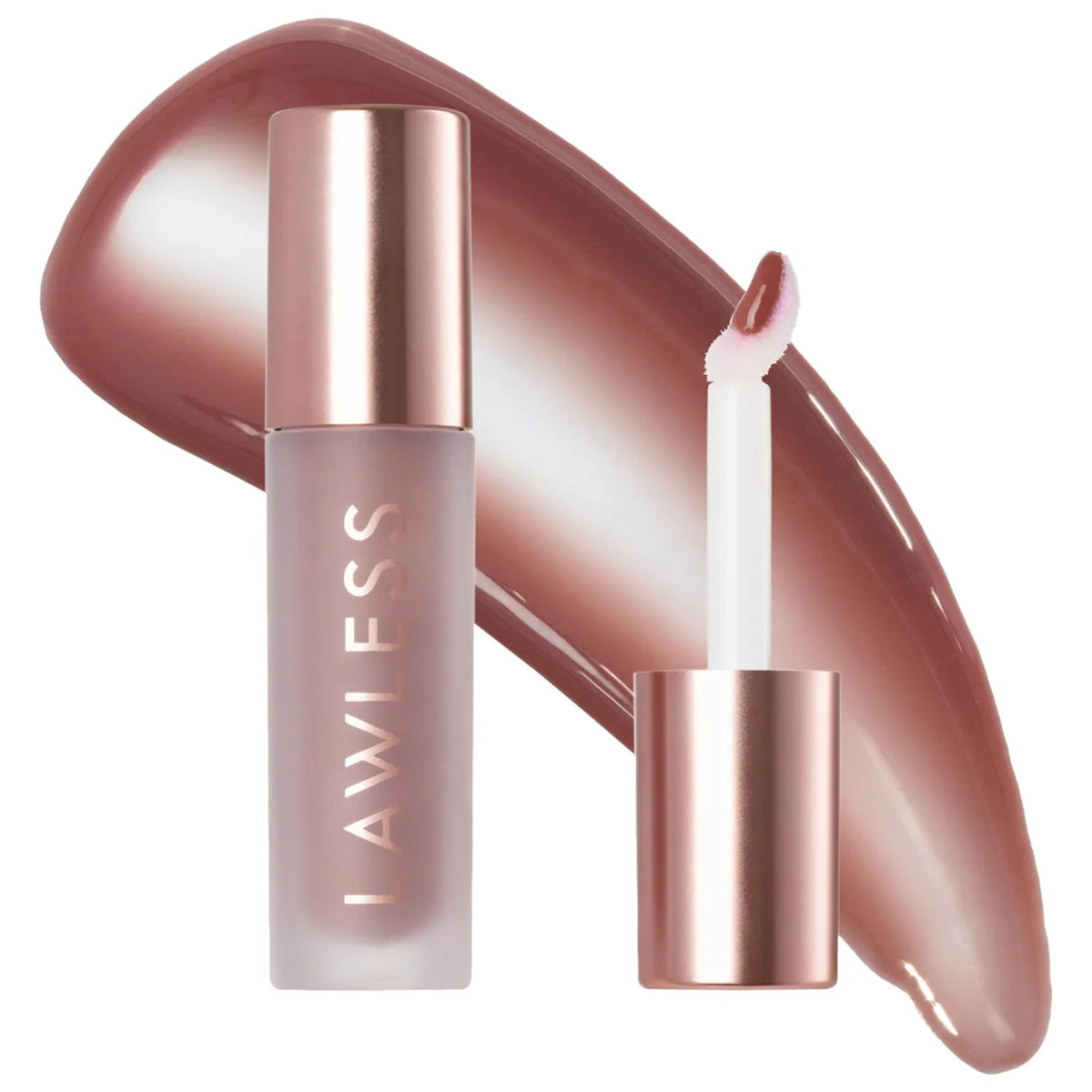 Lip gloss with rose gold cap and container on a white background