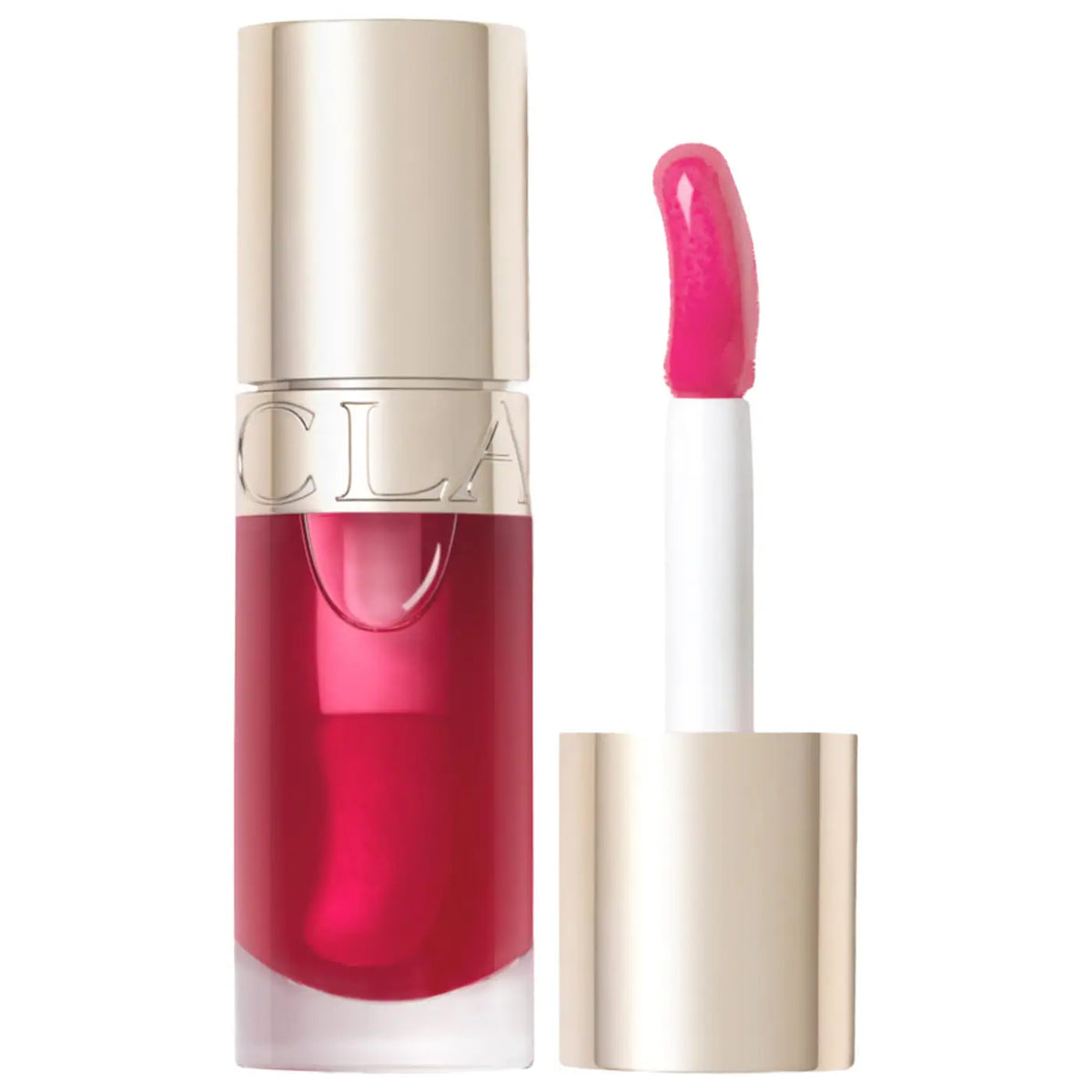 A liquid lipstick in a clear bottle with a metallic gold cap, shown next to its applicator wand with a bright pink tip. The brand name 'CLA' is partially visible on the bottle.