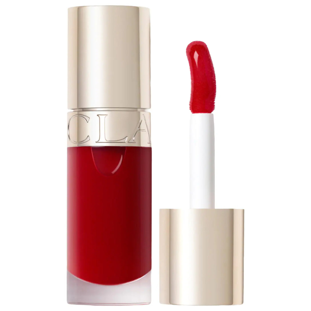 A liquid lipstick in a clear bottle showing deep red color, with a metallic gold cap, shown next to its applicator wand on a white background.