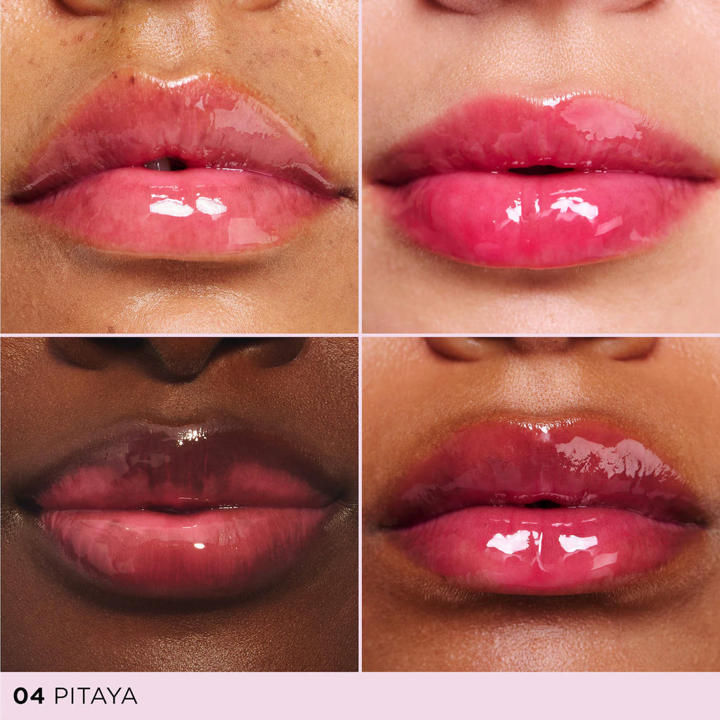 Close-up of lips wearing a glossy pink lipstick with '04 Pitaya' label.