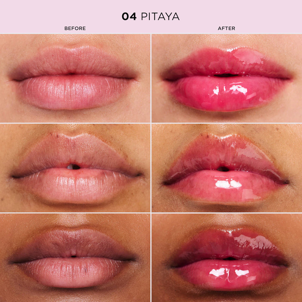 Before and after comparison of a pink lip color on different skin tones.