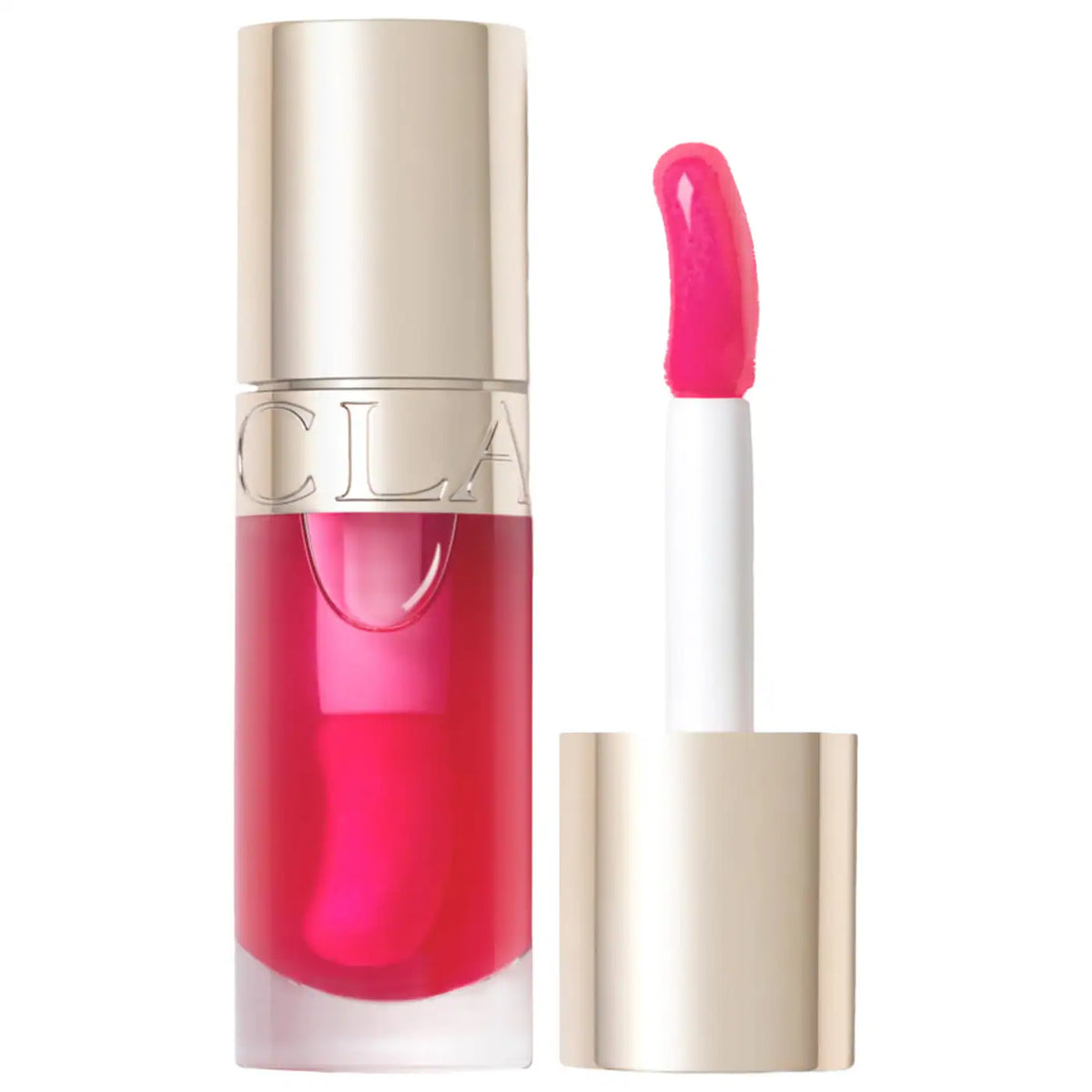 A bottle of liquid lipstick with a metallic gold cap next to its applicator wand, which is coated in a bright hot pink gloss. The brand name 'CLA' is partially visible on the bottle.