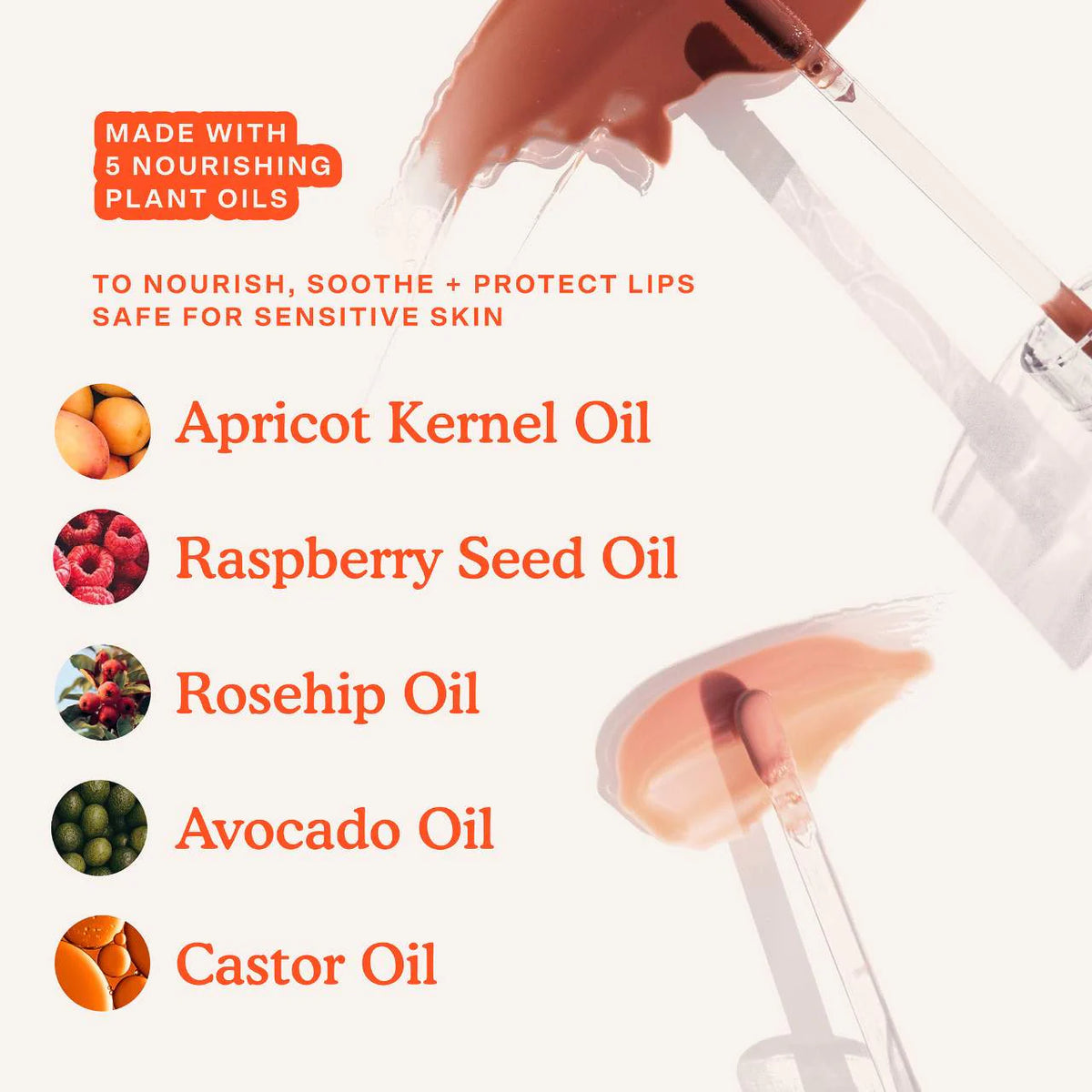 Lip balm with ingredients listed on a white background