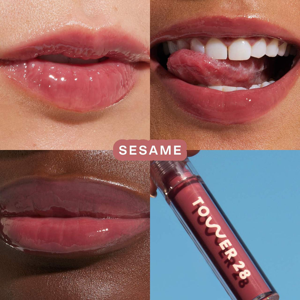 Lipstick shade 'Sesame' on lips with product tube labeled 'Fouger 28' against a blue background