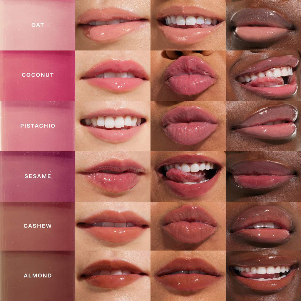 Lip color swatches with names on a pink background