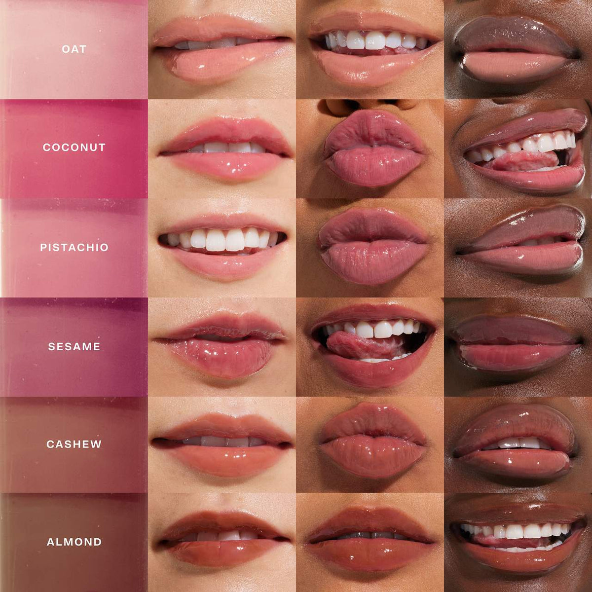 Lip color swatches with names on a pink background