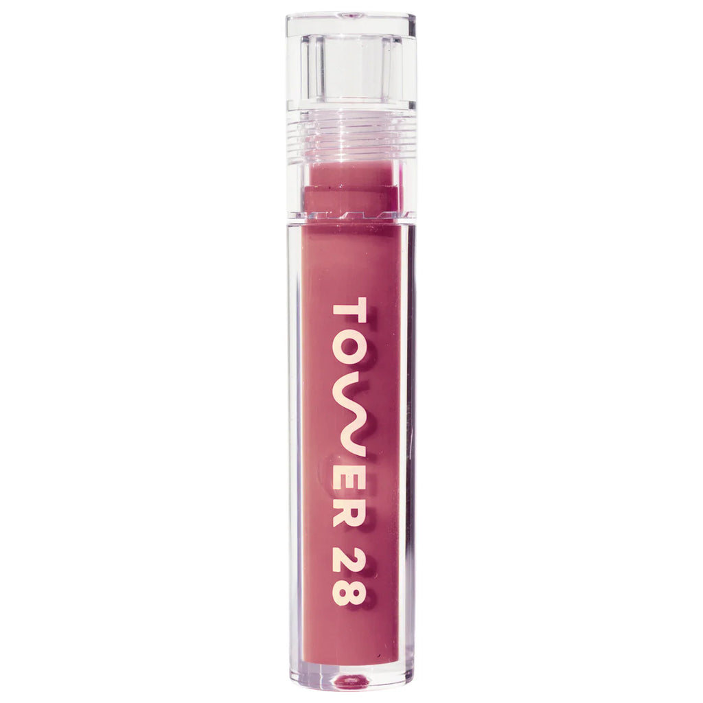 Lip gloss with 'Tower 28' branding on a white background