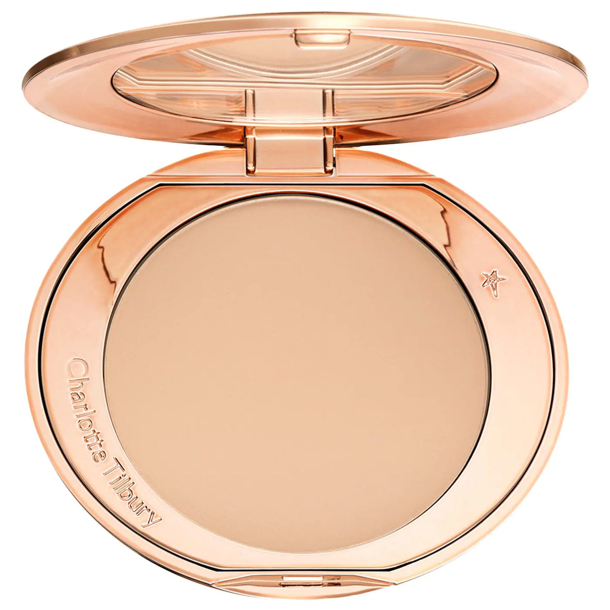 Rose gold compact powder case with visible brand name on a white background