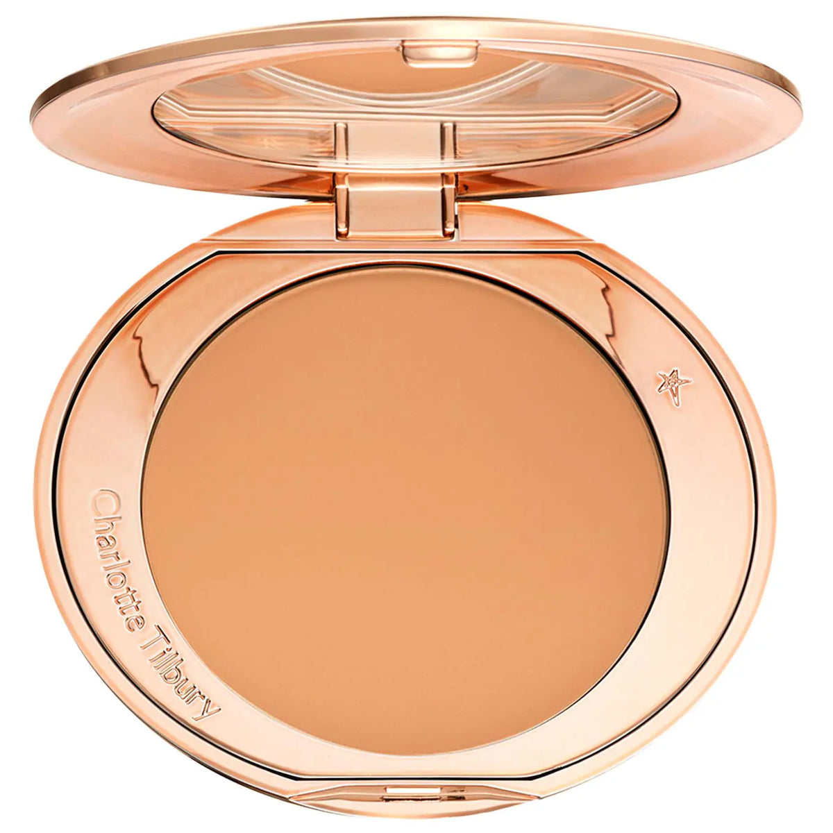Compact powder in a rose gold case on a white background