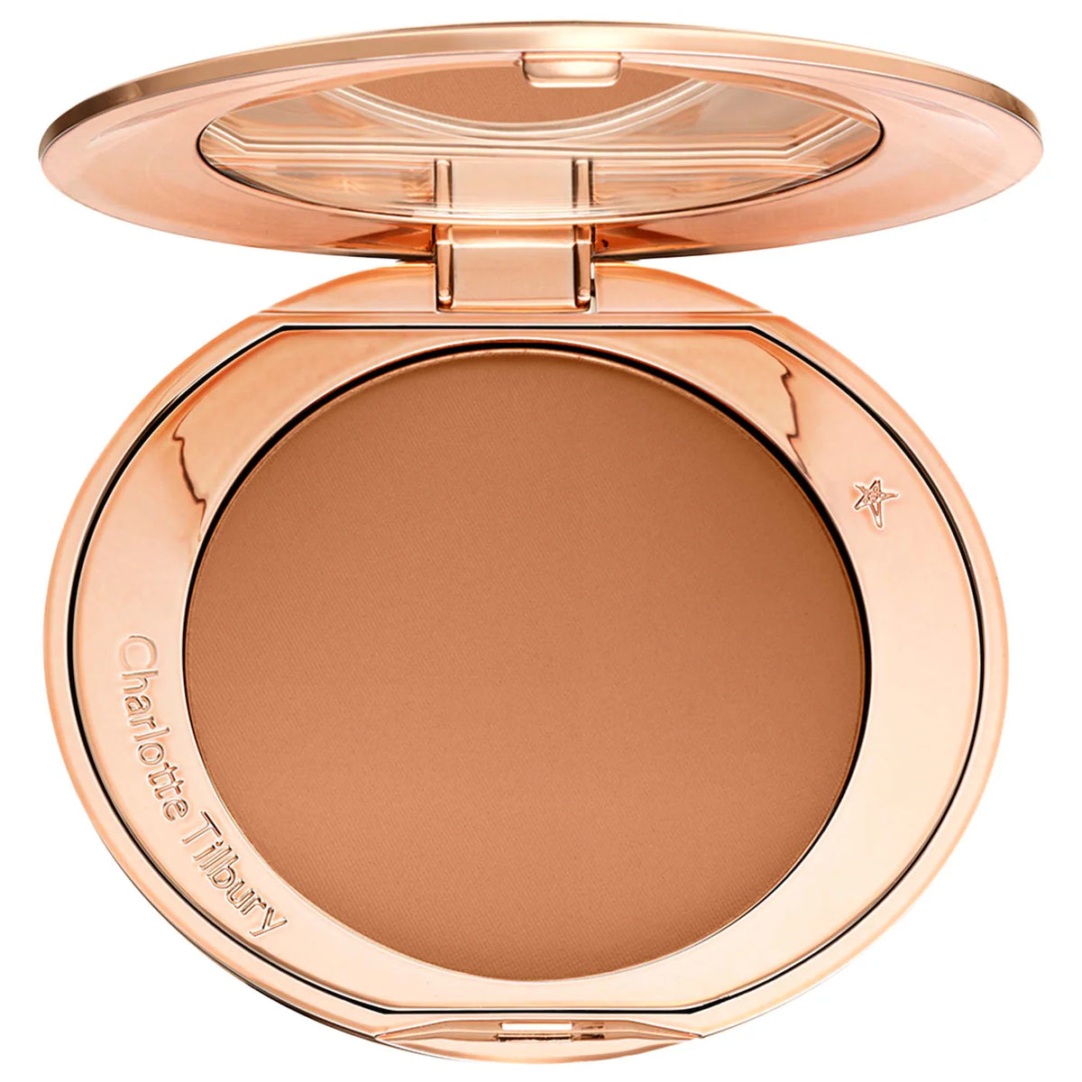 Compact powder in a rose gold case with 'Charlotte Tilbury' branding.