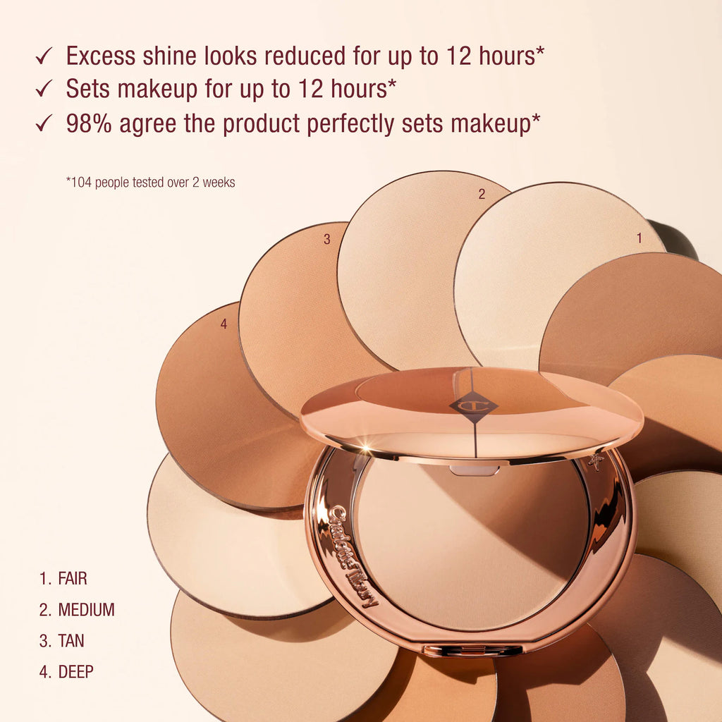 Makeup compact with color swatches and product features listed on a beige background