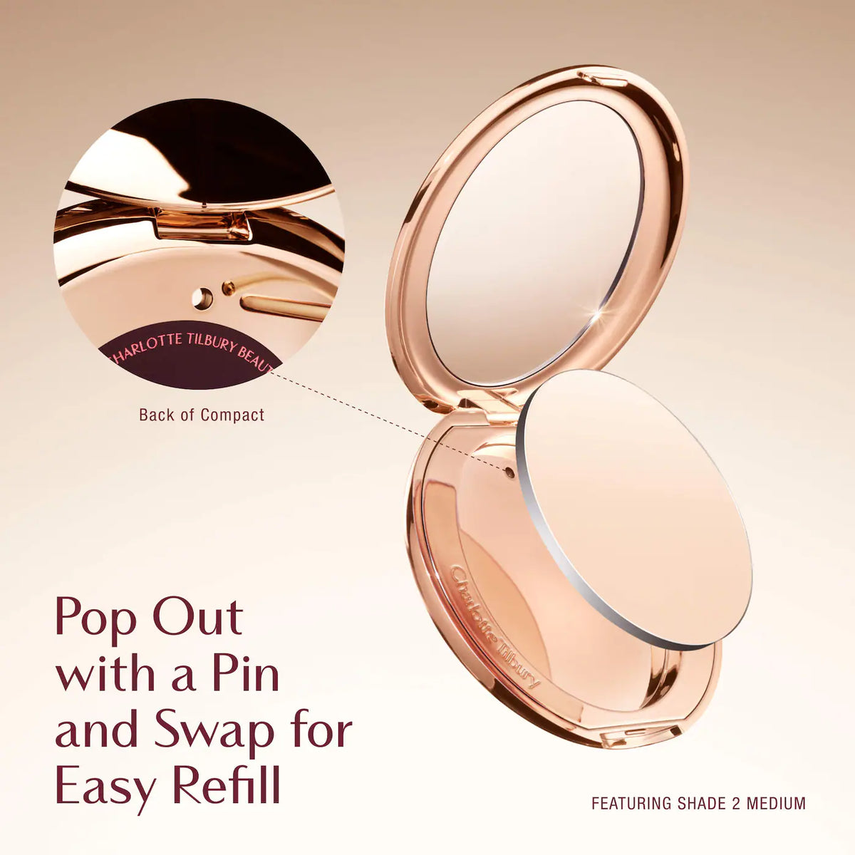 Makeup compact with mirror and text on a beige background