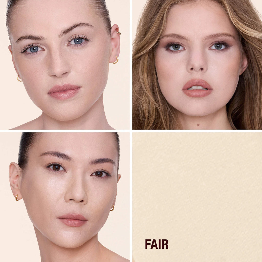 Four close-up portraits of women with different skin tones on a beige background, labeled 'FAIR'.