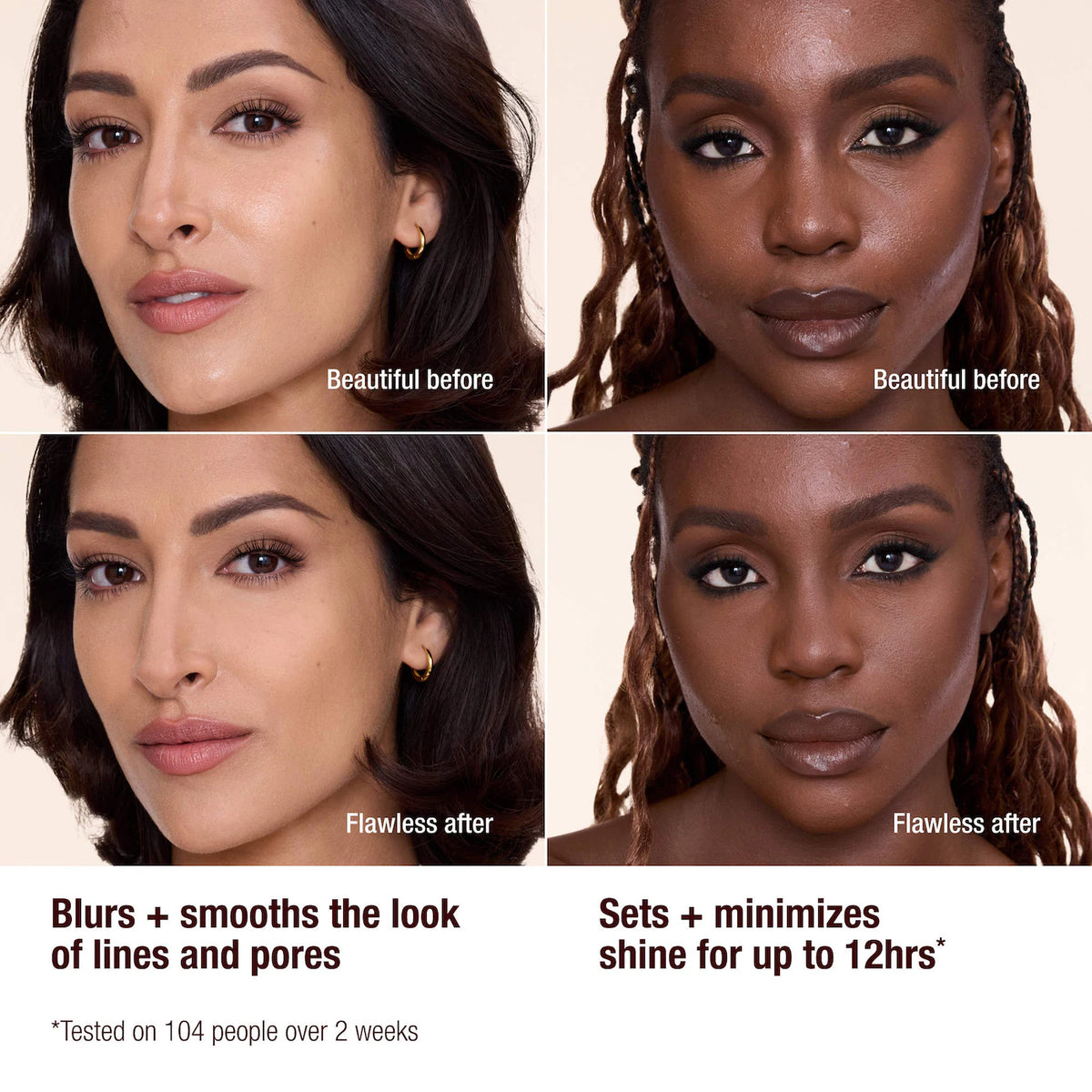 Before and after comparison of skin treatment on four women with text describing product effects.