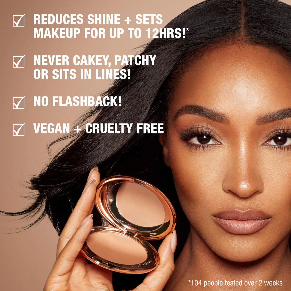 Woman holding a compact powder with product features listed on a beige background
