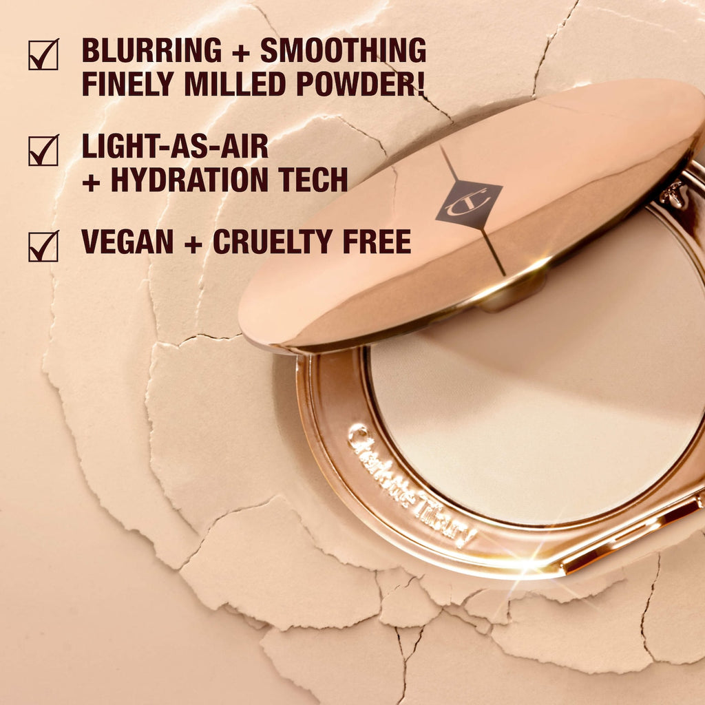 Compact powder with a mirror on a beige background, featuring text about product features.