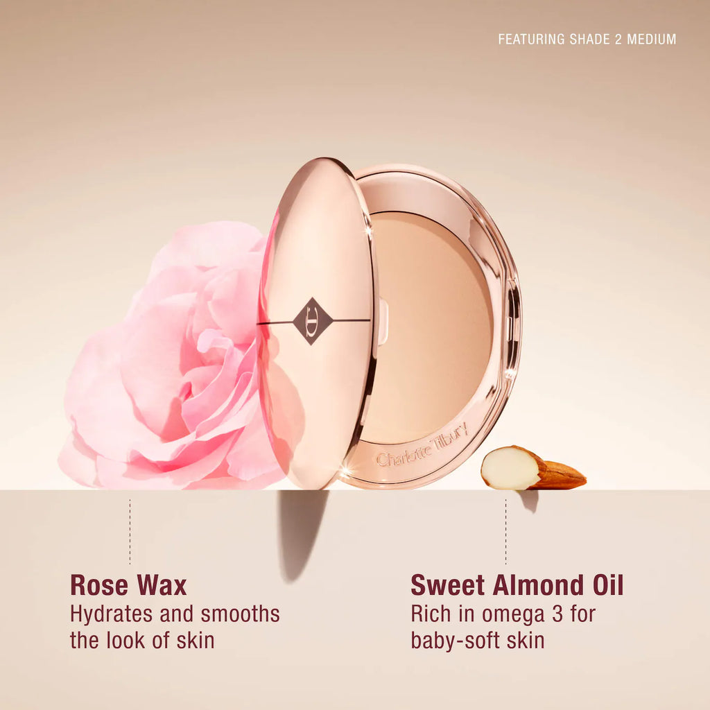 Makeup compact with rose wax and sweet almond oil text on a beige background