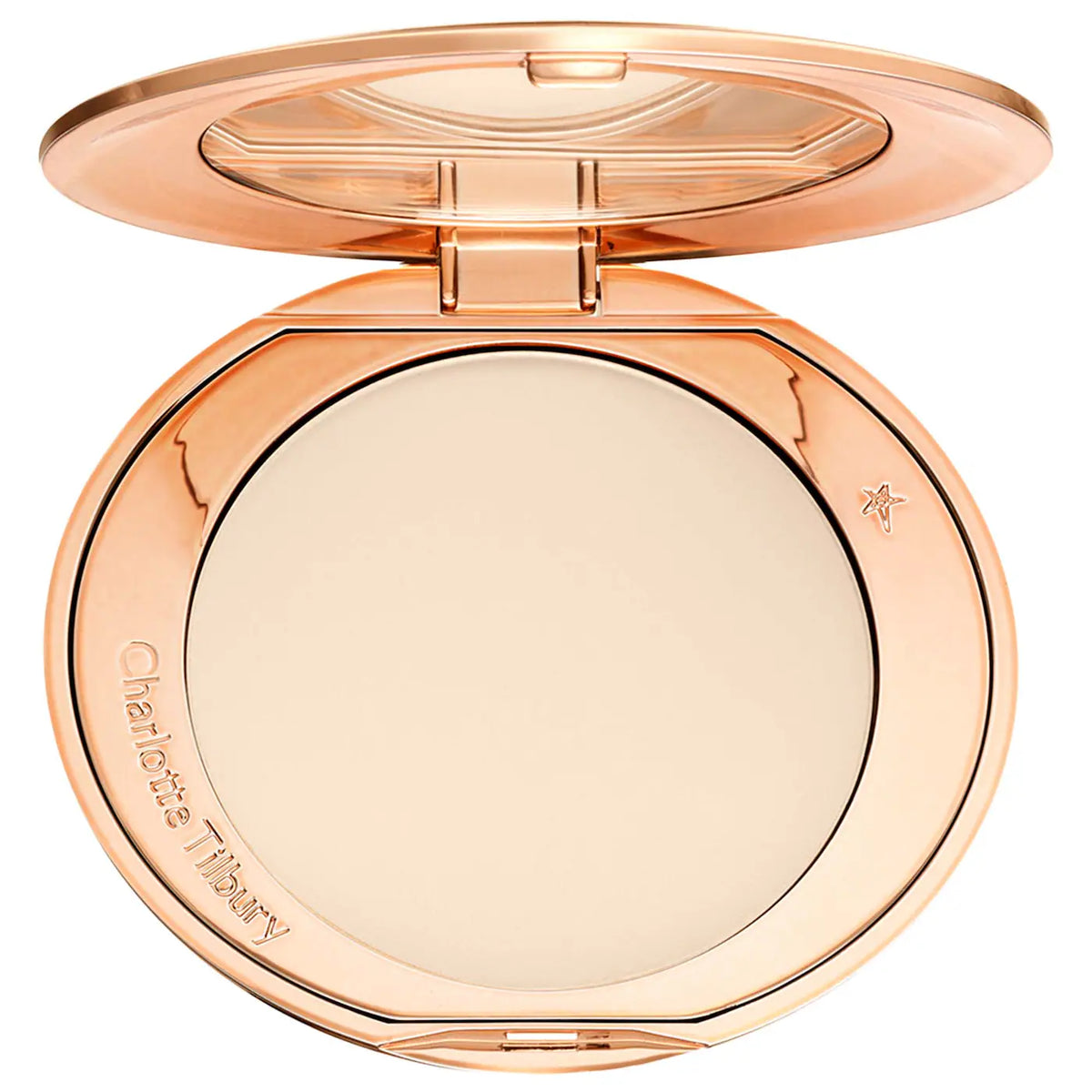 Rose gold compact powder with visible brand name on a white background