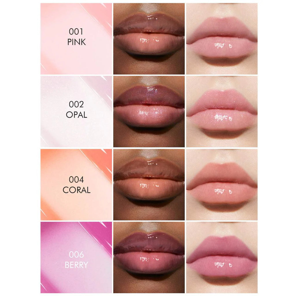 Lipstick color swatches on a white background with labels for 'Pink', 'Opal', 'Coral', and 'Berry'.