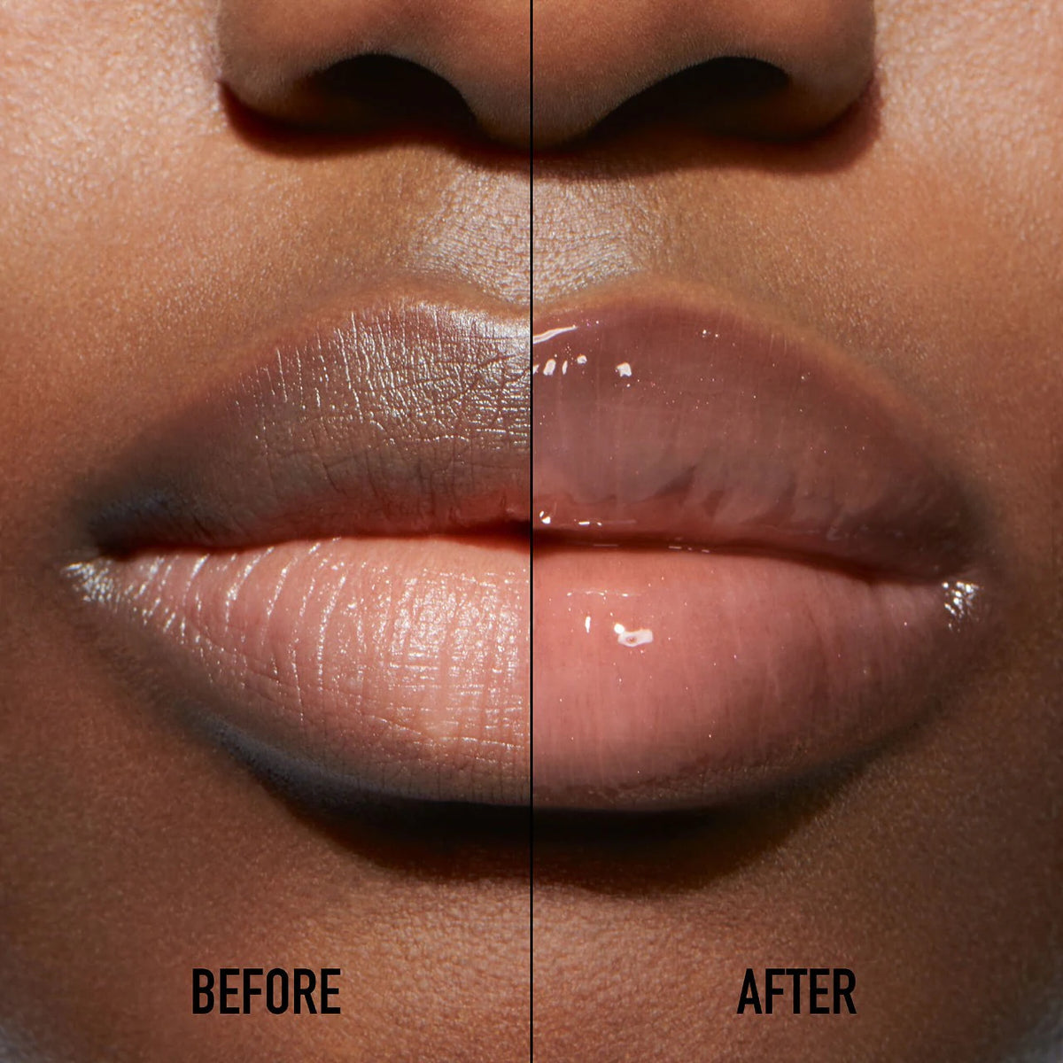 Before and after comparison of lips on a person's face.