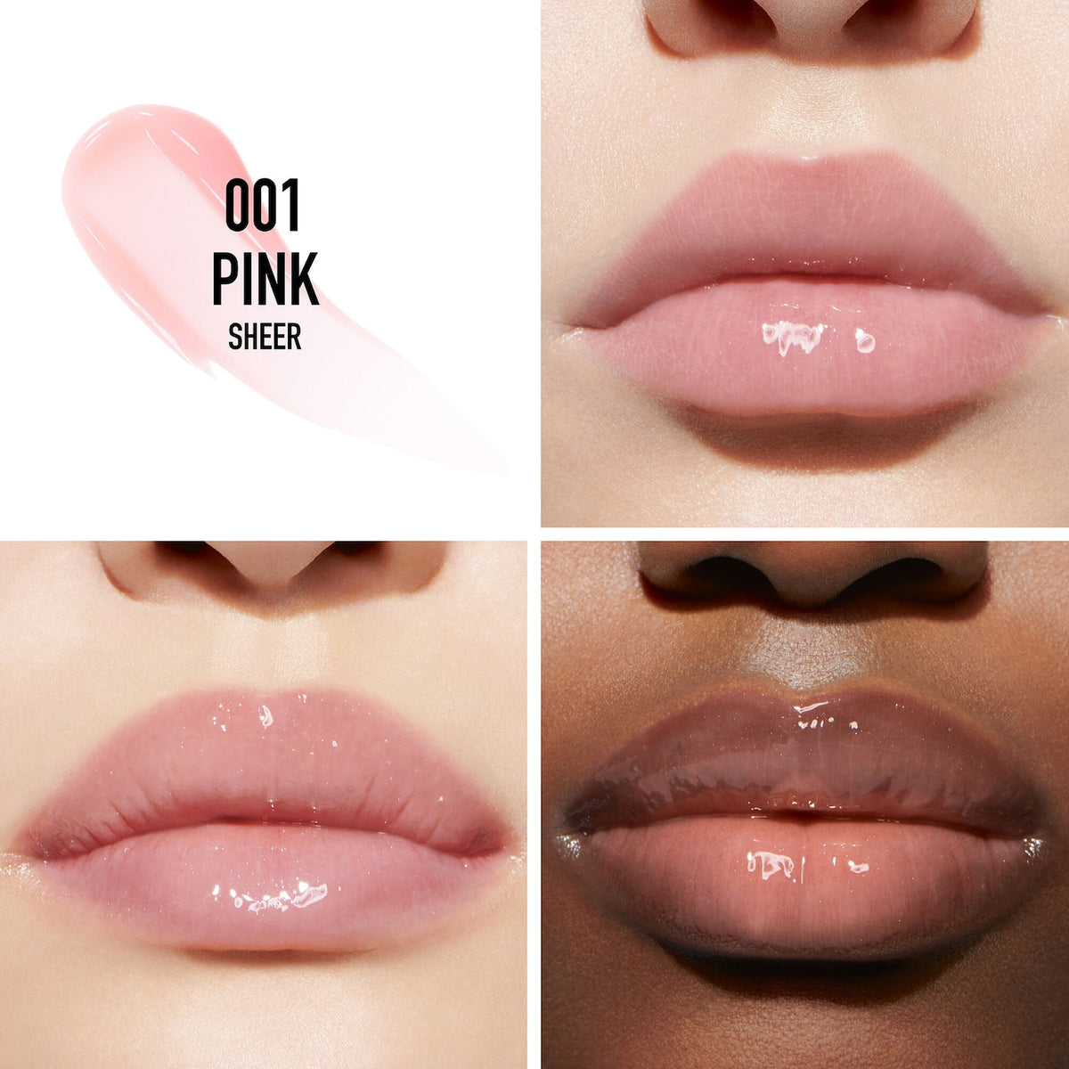Lipstick shade 001 Pink Sheer applied to lips on different skin tones.
